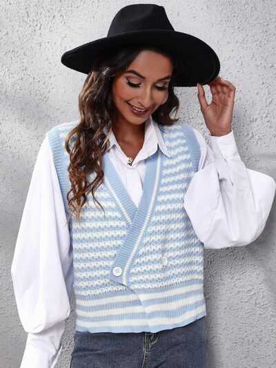 Striped Button Up V-Neck Sweater Vest - Charming Charlie