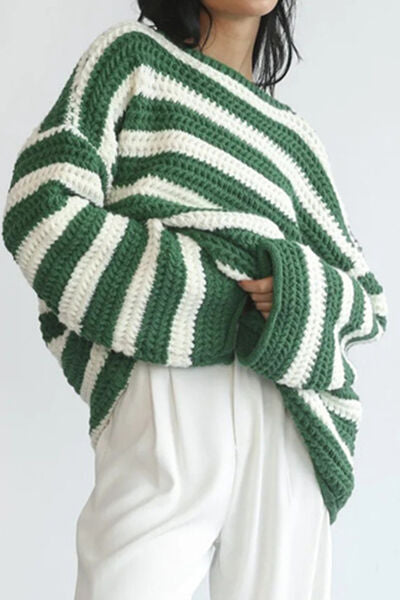 Striped Round Neck Dropped Shoulder Sweater - Charming Charlie