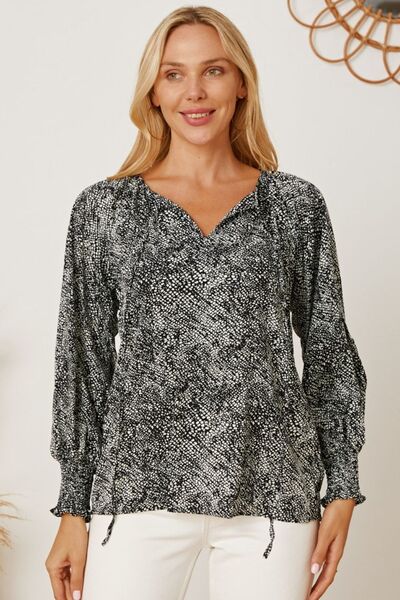 Printed Tie Neck Lantern Sleeve Blouse - Charming Charlie