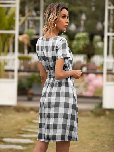 Smocked Plaid Round Neck Short Sleeve Dress - Charming Charlie