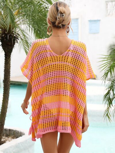 Tassel Openwork Striped V-Neck Cover Up - Charming Charlie
