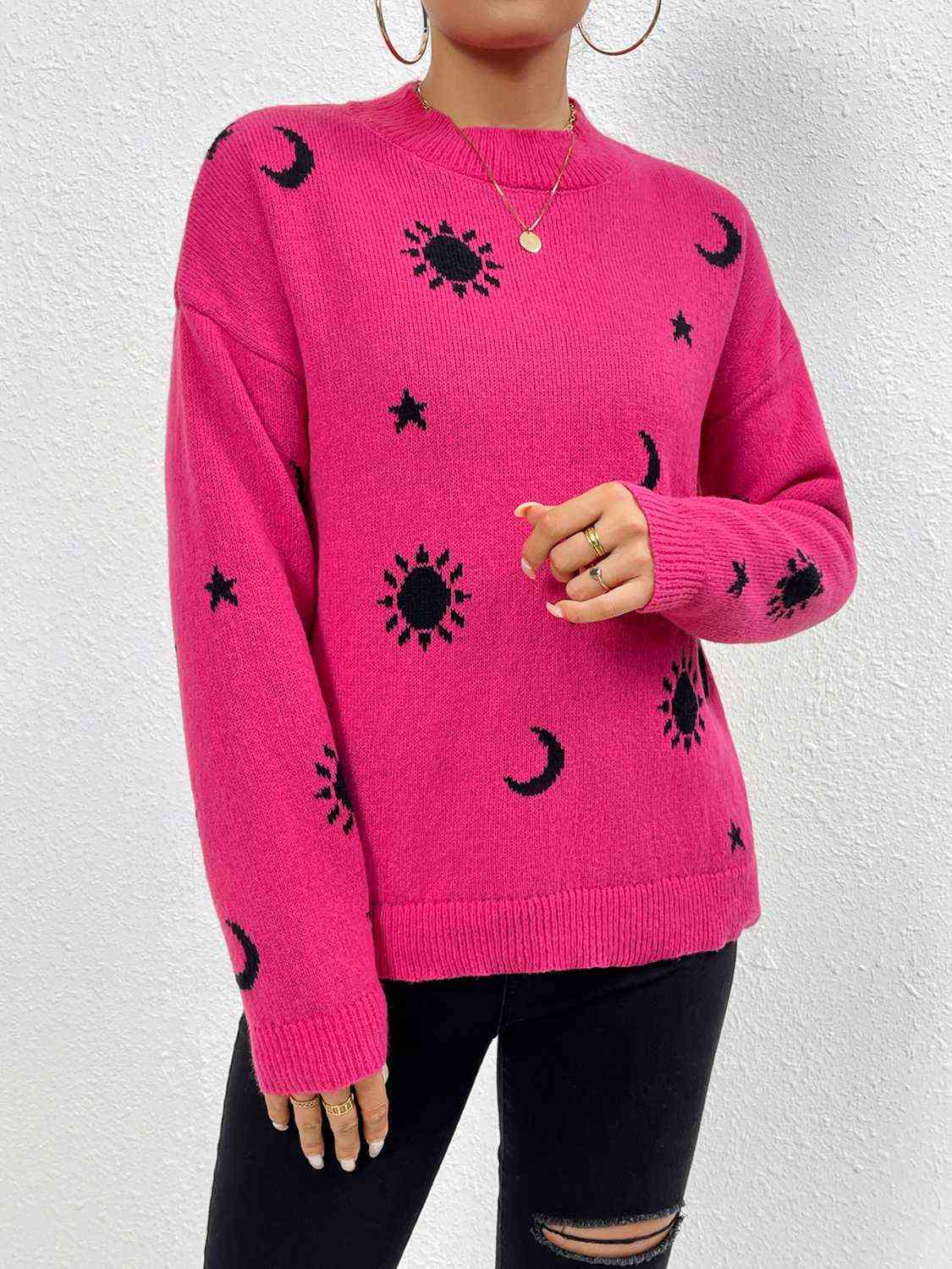 Patterned Drop Shoulder Sweater - Charming Charlie