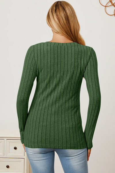 Basic Bae Full Size Ribbed V-Neck Long Sleeve T-Shirt - Charming Charlie