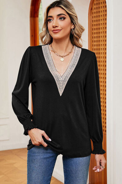 Lace Detail V-Neck Lantern Sleeve T-Shirt - Charming Charlie