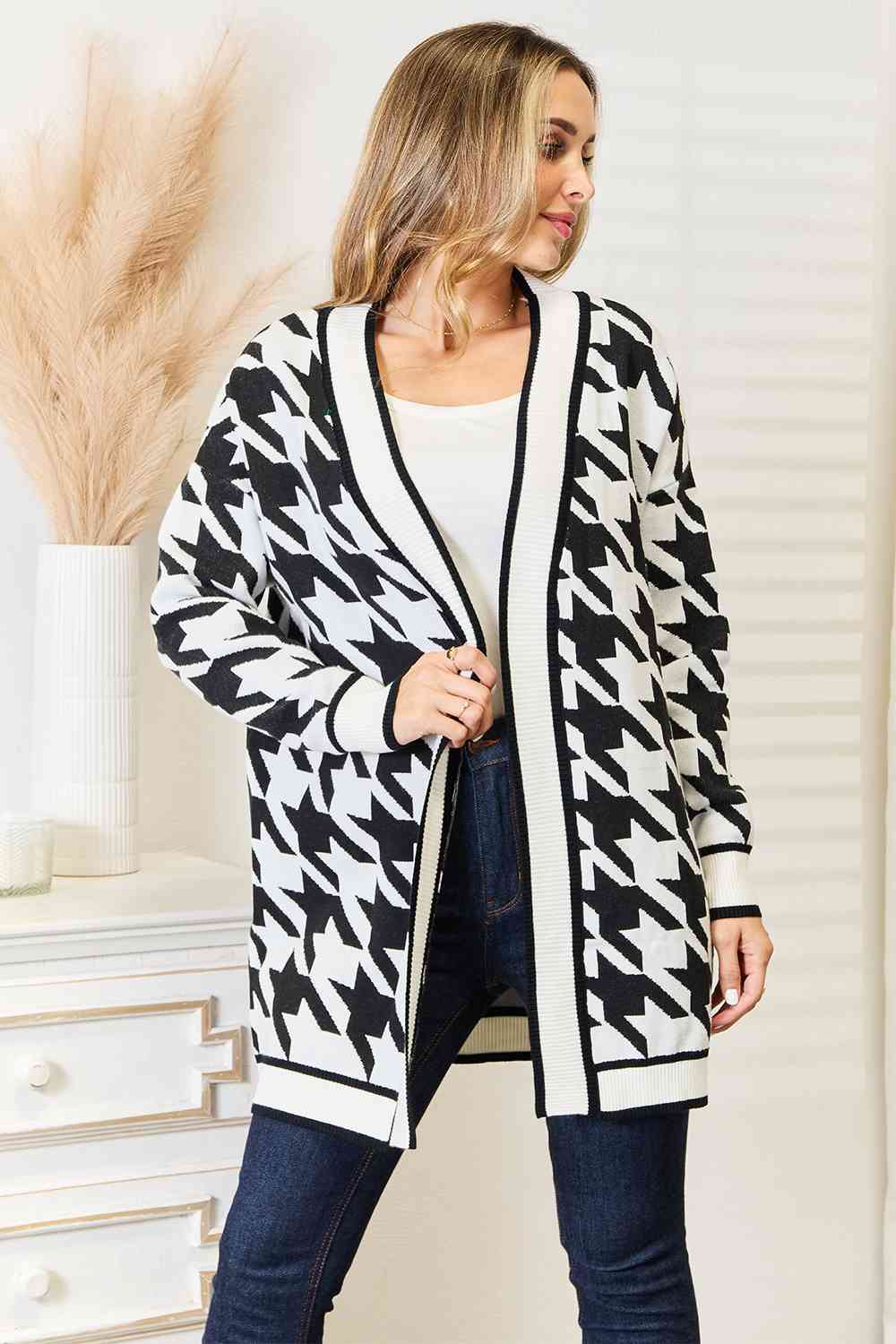 Woven Right Houndstooth Open Front Longline Cardigan - Charming Charlie