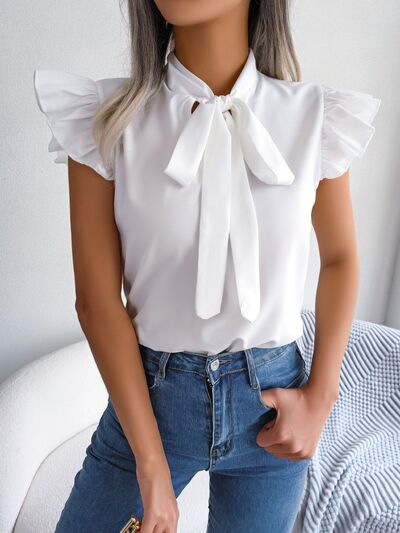 Tie Neck Cap Sleeve Blouse - Charming Charlie