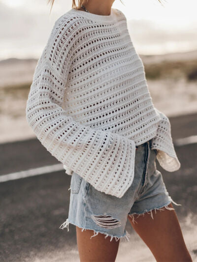 Openwork Round Neck Dropped Shoulder Knit Top - Charming Charlie
