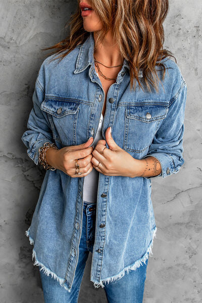 Button Up Pocketed Raw Hem Denim Jacket - Charming Charlie