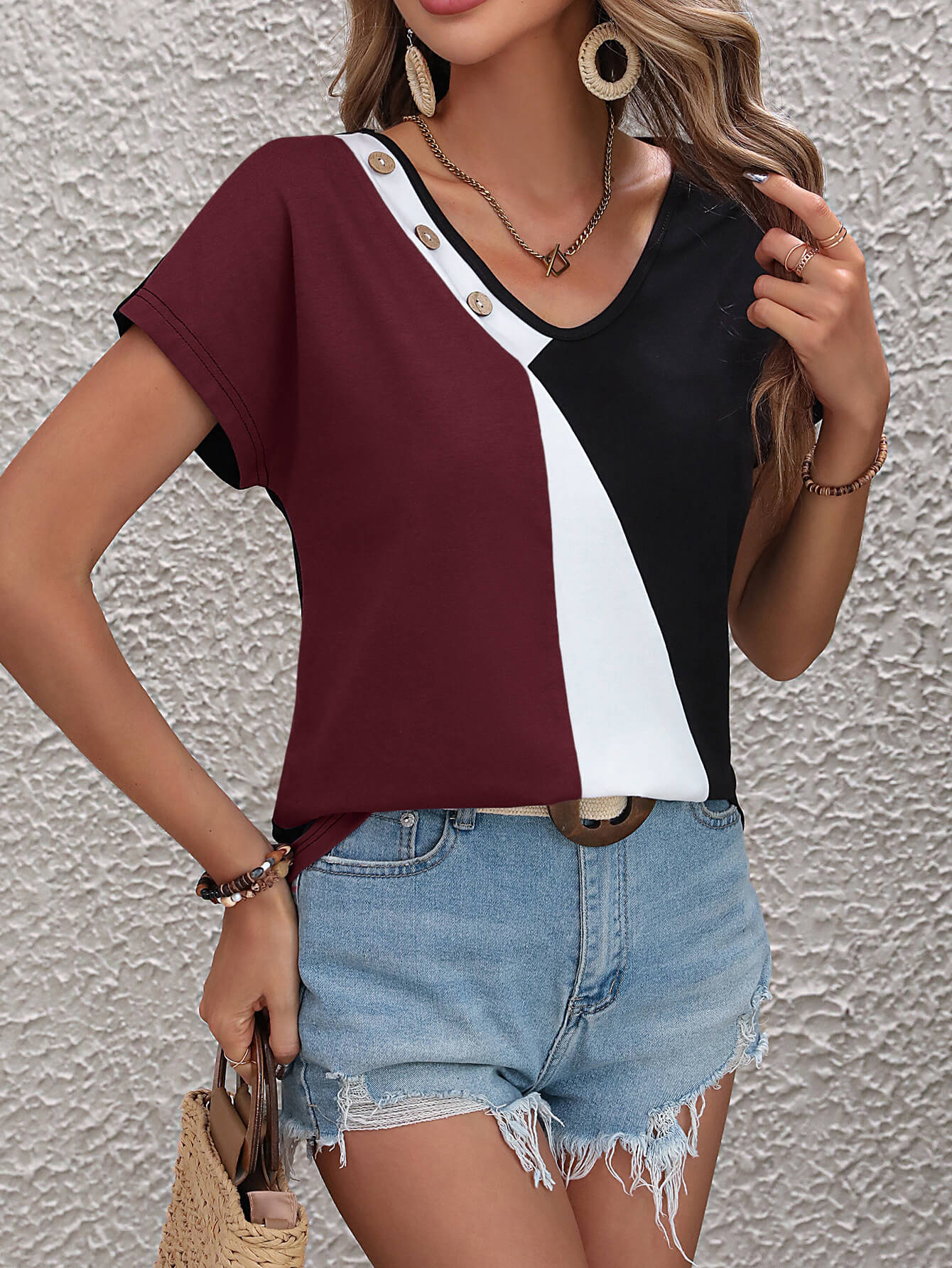 Color Block Decorative Button V-Neck Tee - Charming Charlie