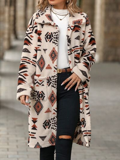 Geometric Pocketed Dropped Shoulder Coat - Charming Charlie