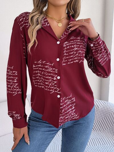 Letter Printed Button Up Long Sleeve Blouse - Charming Charlie