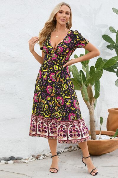 Printed Surplice Short Sleeve Dress - Charming Charlie