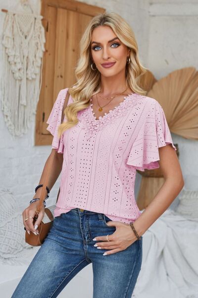 Eyelet Applique V-Neck Cap Sleeve T-Shirt - Charming Charlie