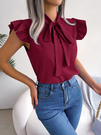Tie Neck Cap Sleeve Blouse - Charming Charlie