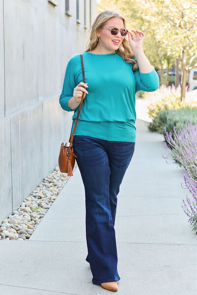 Basic Bae Full Size Round Neck Batwing Sleeve Blouse - Charming Charlie
