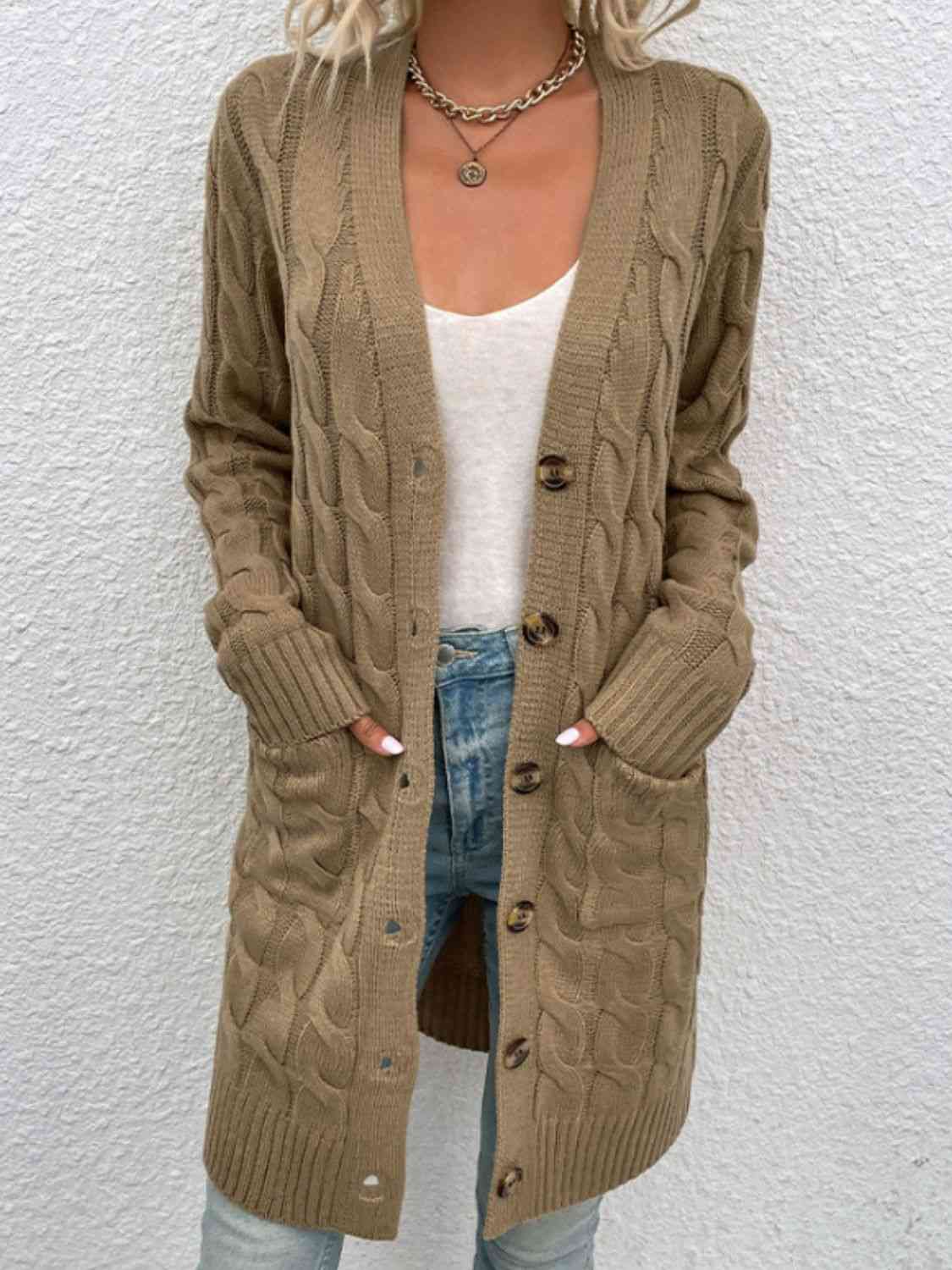 Cable-Knit Button Down Cardigan with Pockets - Charming Charlie