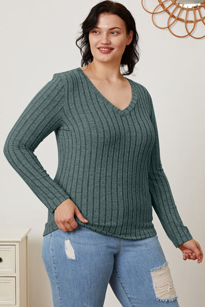 Basic Bae Full Size Ribbed V-Neck Long Sleeve T-Shirt - Charming Charlie