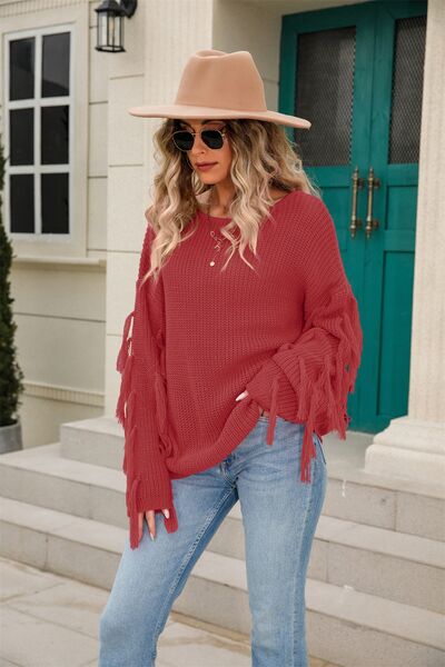 Fringe Round Neck Dropped Shoulder Sweater - Charming Charlie