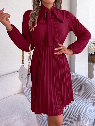 Tie Neck Balloon Sleeve Pleated Dress - Charming Charlie