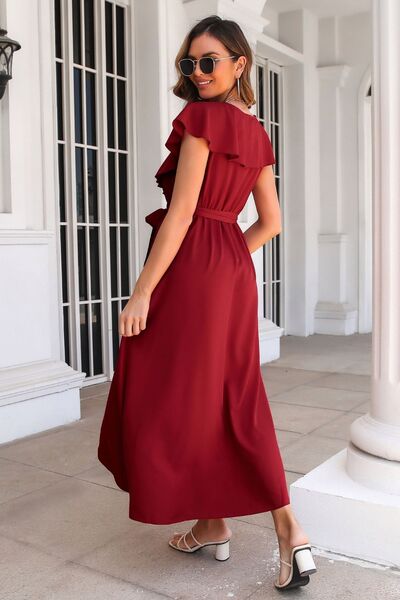 Ruffled Surplice Tie Waist Slit Midi Dress - Charming Charlie