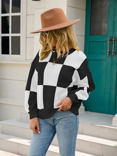 Checkered Round Neck Dropped Shoulder Sweater - Charming Charlie