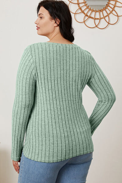 Basic Bae Full Size Ribbed V-Neck Long Sleeve T-Shirt - Charming Charlie