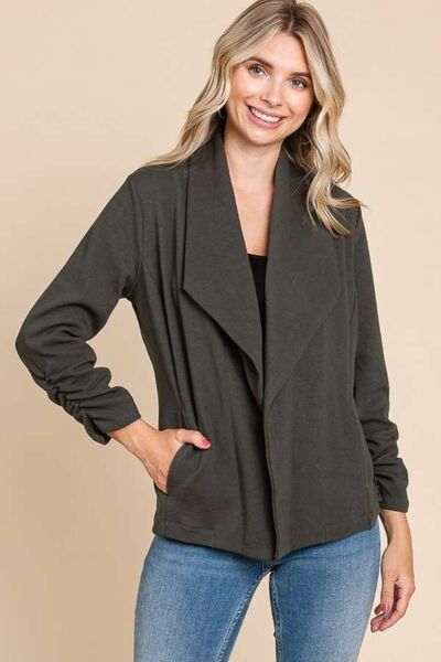 Culture Code Full Size Ruched Open Front Long Sleeve Jacket - Charming Charlie