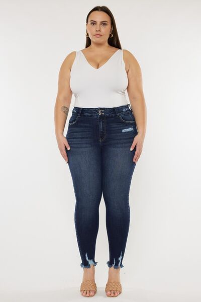 Kancan Full Size Cat's Whiskers Raw Hem High Waist Jeans - Charming Charlie