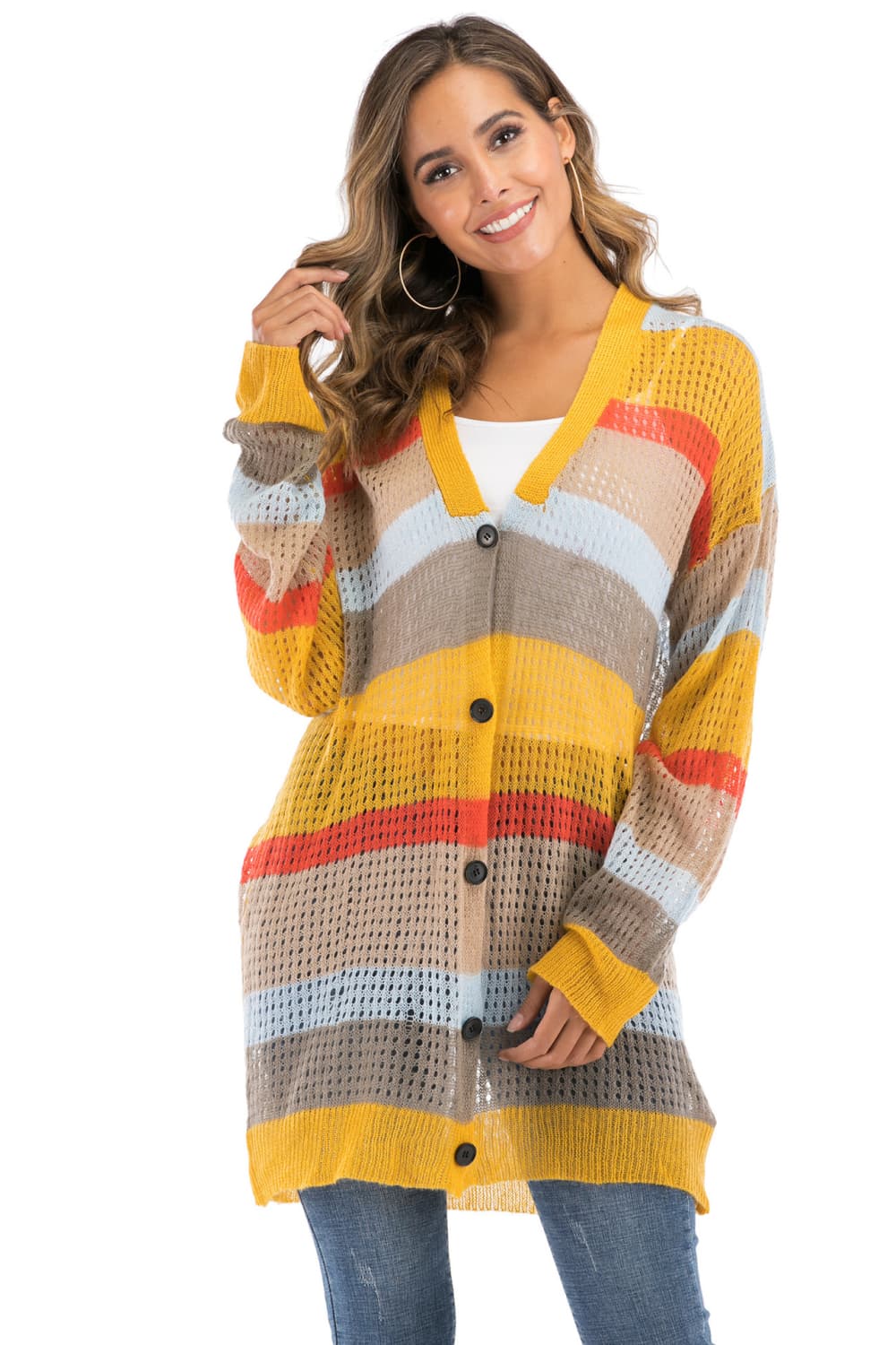 Color Block Openwork Long Sleeve Cardigan - Charming Charlie