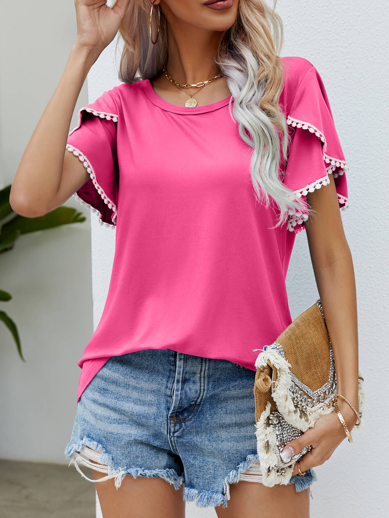 Pom-Pom Trim Flutter Sleeve Round Neck Tee - Charming Charlie