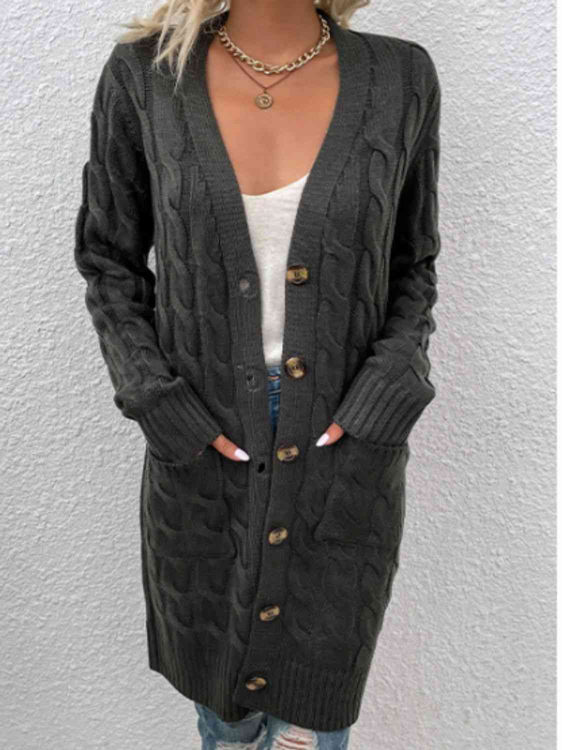 Cable-Knit Button Down Cardigan with Pockets - Charming Charlie