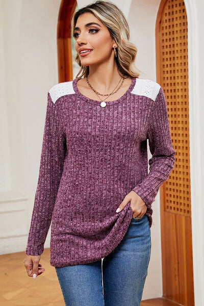 Eyelet Ribbed Round Neck Long Sleeve T-Shirt - Charming Charlie