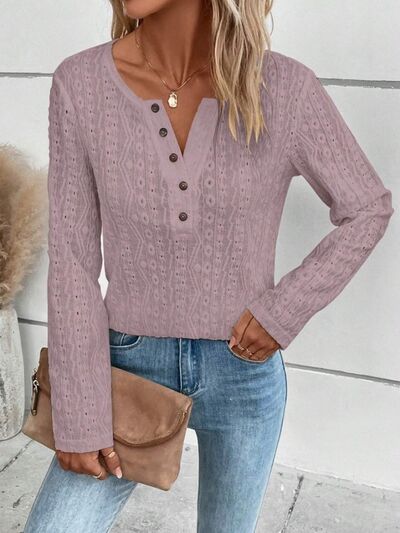 Openwork Half Button Long Sleeve Blouse - Charming Charlie
