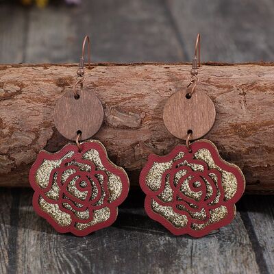 Wooden Alloy Rose Shape Dangle Earrings - Charming Charlie