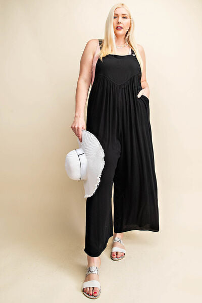 Kori America Full Size Sleeveless Ruched Wide Leg Overalls - Charming Charlie