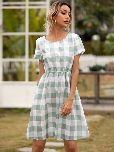 Smocked Plaid Round Neck Short Sleeve Dress - Charming Charlie