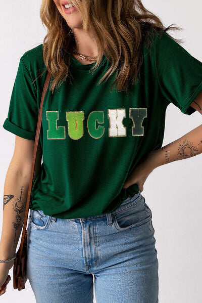 LUCKY Round Neck Short Sleeve T-Shirt - Charming Charlie