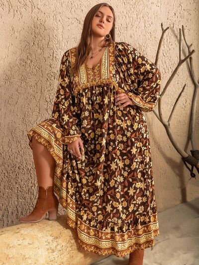 Plus Size Printed V-Neck Balloon Sleeve Dress - Charming Charlie