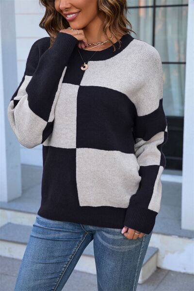 Color Block Round Neck Dropped Shoulder Sweater - Charming Charlie