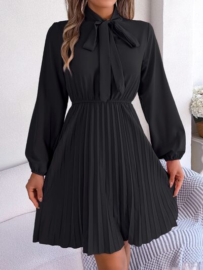 Tie Neck Balloon Sleeve Pleated Dress - Charming Charlie