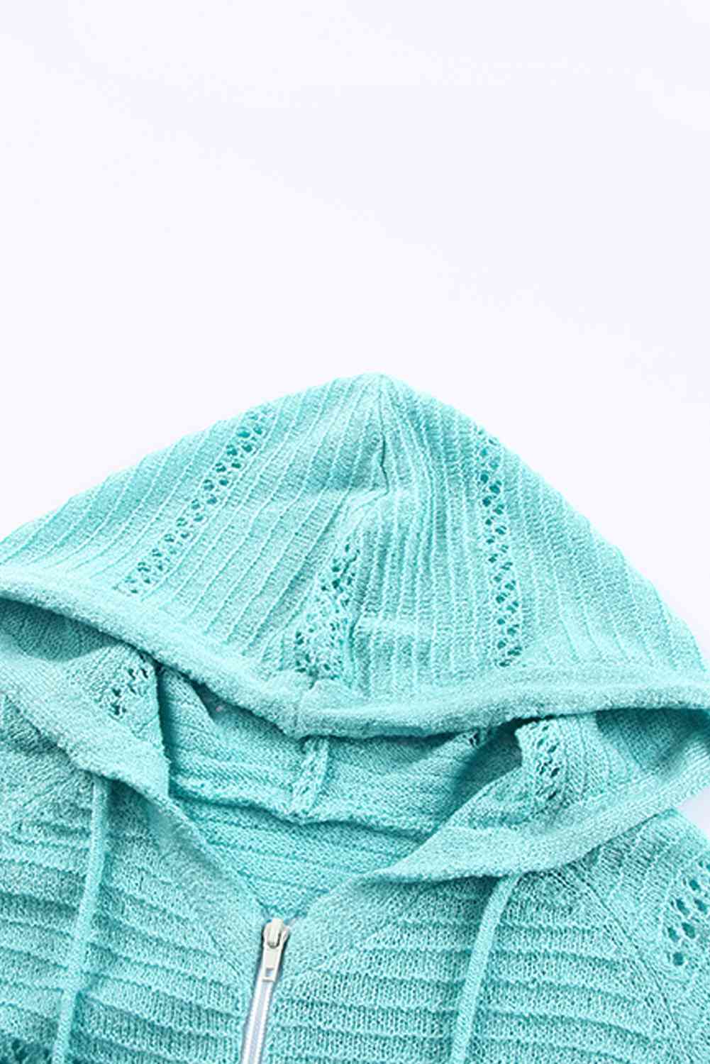 Zip-Up Raglan Sleeve Openwork Hooded Cardigan - Charming Charlie