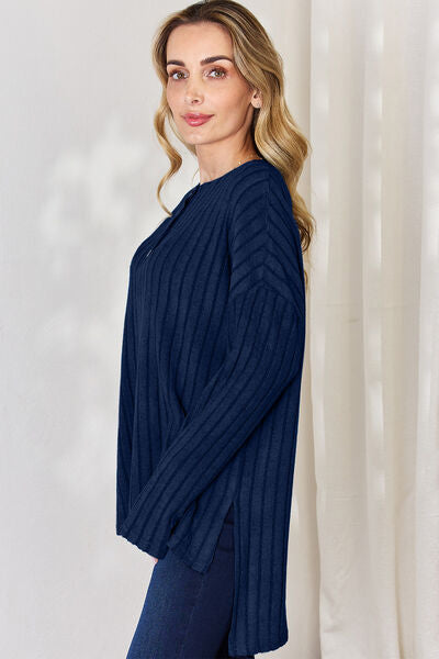 Basic Bae Full Size Ribbed Half Button Long Sleeve High-Low T-Shirt - Charming Charlie
