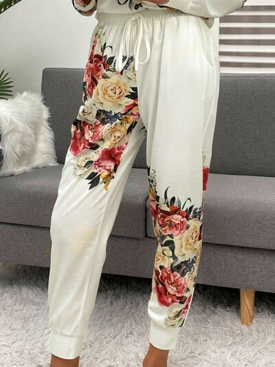 Printed Round Neck Top and Drawstring Pants Lounge Set - Charming Charlie
