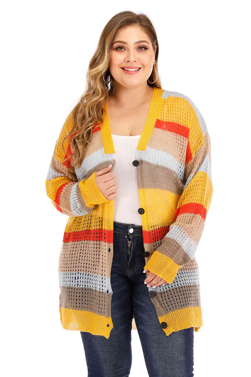 Plus Openwork Color Block Button Up Cardigan - Charming Charlie