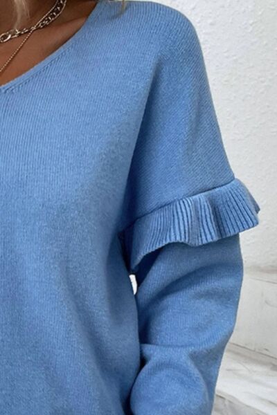 V-Neck Ruffle Trim Long Sleeve Sweater - Charming Charlie