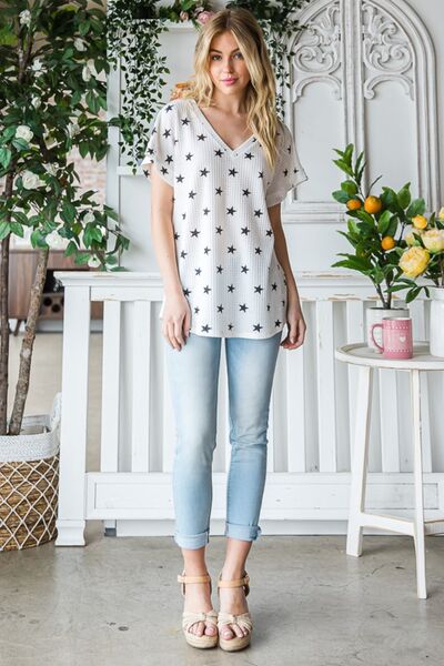 Heimish Full Size Star Print Short Sleeve V-Neck Waffle Knit T-Shirt - Charming Charlie