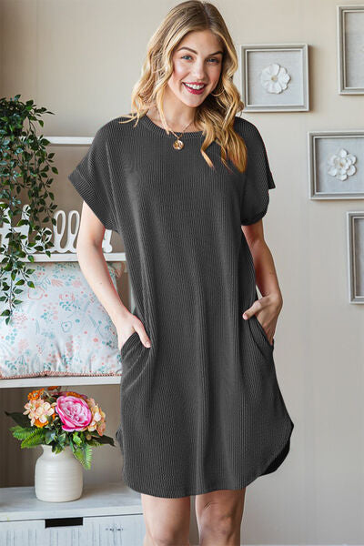 Heimish Full Size Ribbed Round Neck Short Sleeve Tee Dress - Charming Charlie
