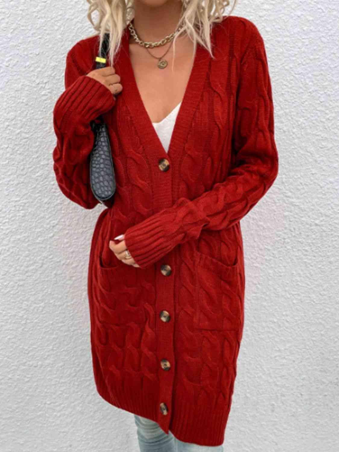 Cable-Knit Button Down Cardigan with Pockets - Charming Charlie