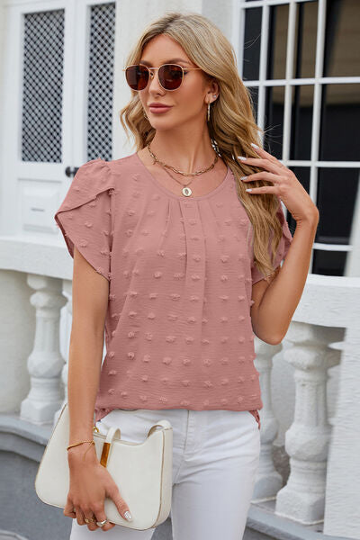 Swiss Dot Round Neck Short Sleeve T-Shirt - Charming Charlie