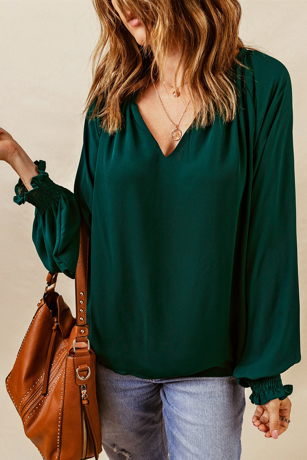 Notched Neck Lantern Sleeve Blouse - Charming Charlie